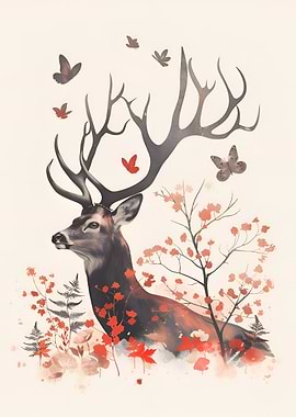 Deer with Antlers and Butterflies