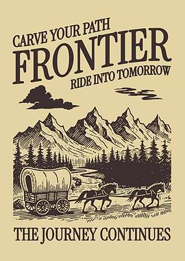 Frontier Vintage Poster, Pioneer Wagon Landscape Art, Western Adventure Wall Decor, Retro Travel Art