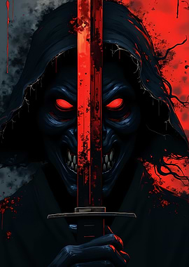 Demonic Warrior with Glowing Eyes and Katana