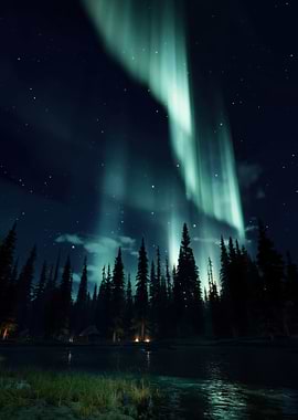 Aurora Borealis over a Forest Lake
