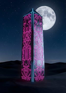 Neon Cyberpunk Desert Monolith | Futuristic Sci-Fi Alien Artifact Under Full Moon