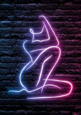 Neon Line Art of a Seductive Woman on a dark Brick Wall Background