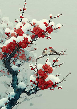 Birds on a Snowy Plum Tree