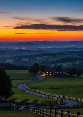 Farmhouse at Dusk with Rolling Hills