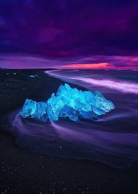 Glowing Ice on Black Sand Beach