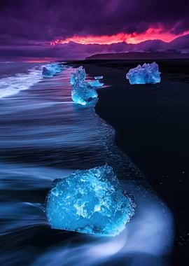 Icebergs on Black Sand Beach at Sunset