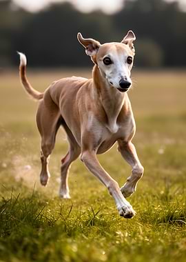 Whippet running in a field