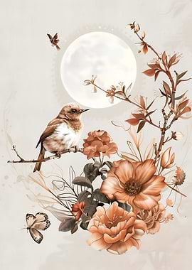 Bird and Flowers with Moon