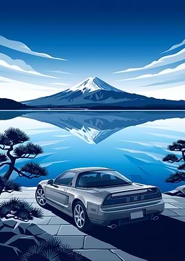 Silver Sports Car by Mount Fuji