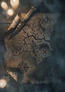 Treasure Map with Knife and Compass