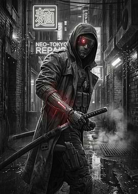 Cyberpunk Warrior with Katana in Neon Alley