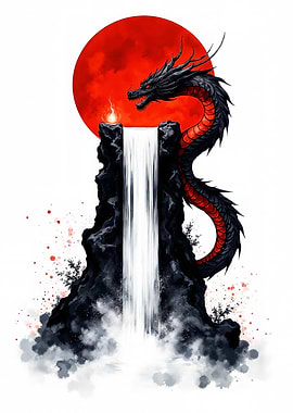 Dragon Over Waterfall Under Red Moon