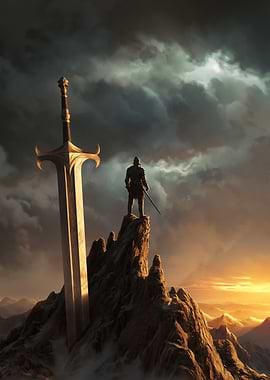 Knight and Giant Sword on Mountain Peak