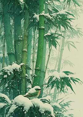 Bird in Snowy Bamboo Forest