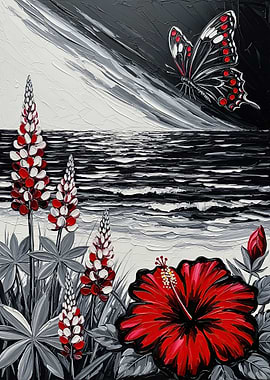 Butterfly and Flowers by the Sea