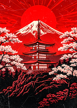 Mount Fuji Pagoda Cherry Blossoms