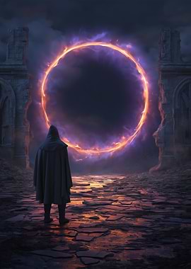 Figure before a fiery portal