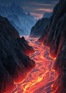 Volcanic Lava Flow Through Mountains