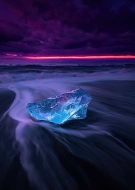 Ice Diamond on Black Sand Beach at Sunset