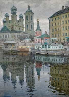 Cityscape with Churches and River Reflection