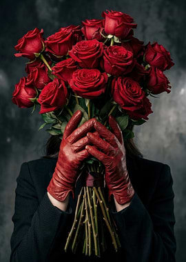 Woman in red gloves holding roses