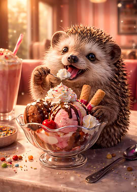 Hedgehog enjoying a sundae