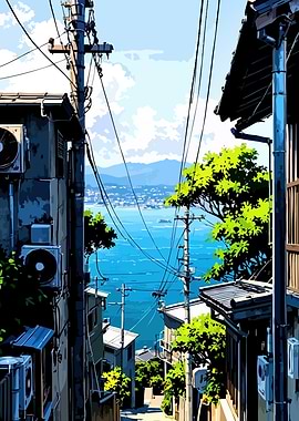 Japanese Coastal Town with Ocean View