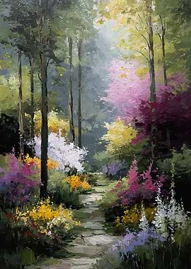 Enchanted Forest Path with Colorful Flowers