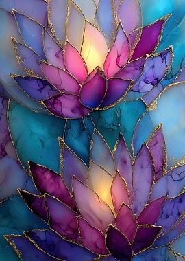 Abstract Lotus Flowers with Gold Accents