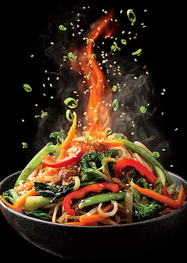 Stir-fry Noodles with Vegetables and Flames