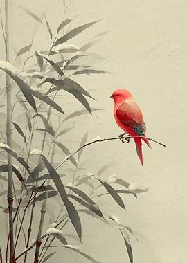 Red Bird on Snowy Bamboo Branch