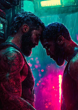 Cyberpunk Men Intimate Rain Illustration