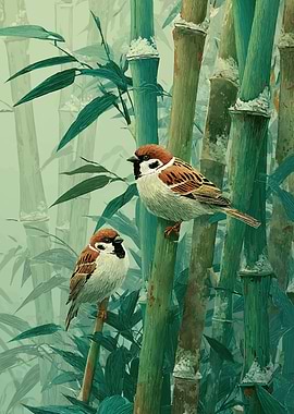 Two Sparrows in Bamboo Forest
