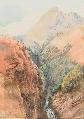 Mountain Gorge with River and Village