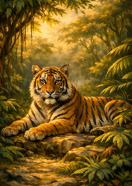 Bengal Tiger Resting In A Lush Jungle