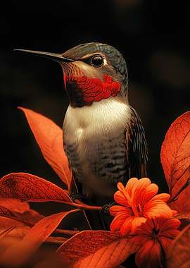 Hummingbird on a branch with flowers