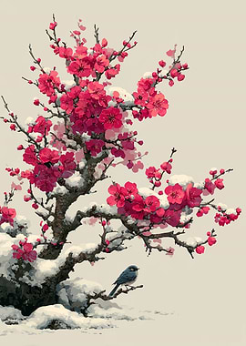 Snow-Covered Plum Blossoms with Bird