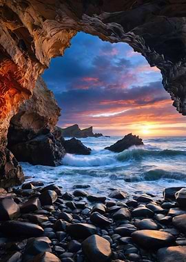 Cave Entrance Overlooking Sunset Ocean