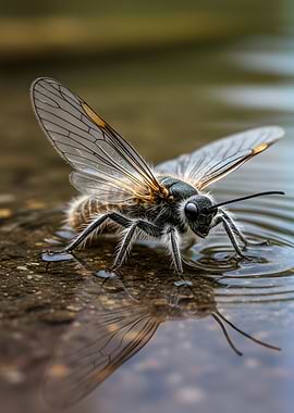 Close-up of a fuzzy insect on water