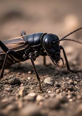 Close-up of a black cricket on the ground