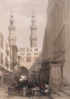 Bustling Cairo Street Scene with Minarets
