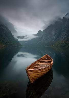 Wooden boat on a misty lake