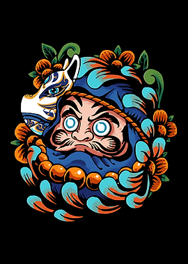 Daruma Doll with Fox Mask and Flowers