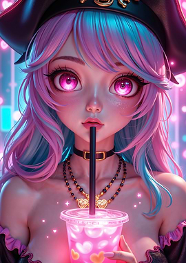Anime Girl with Pink Hair Drinking a Pink Drink