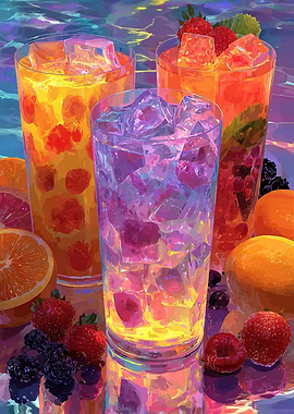 Vibrant Fruit Drinks with Ice and Berries