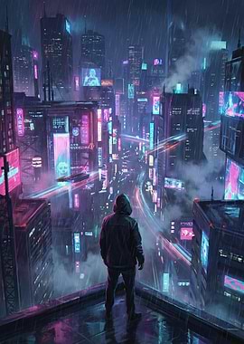 Cyberpunk Cityscape with Lone Figure