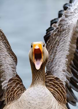 Goose with open beak and wings spread