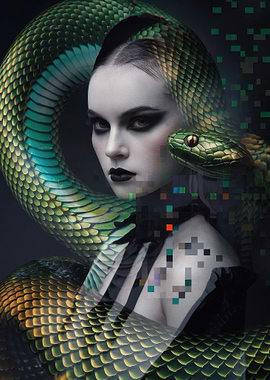 Woman with Snake and Digital Glitch