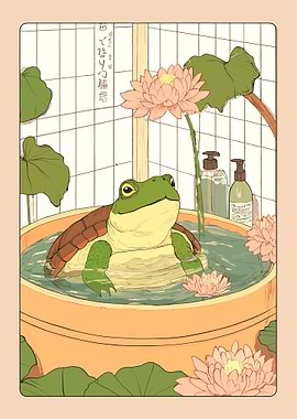 Frog and Turtle Relaxing in a Bath