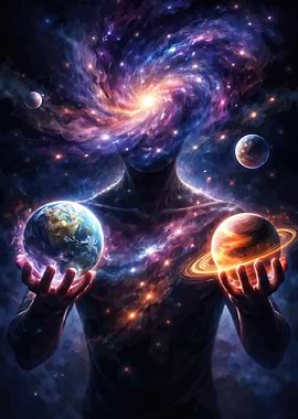 Cosmic Being Holding Planets